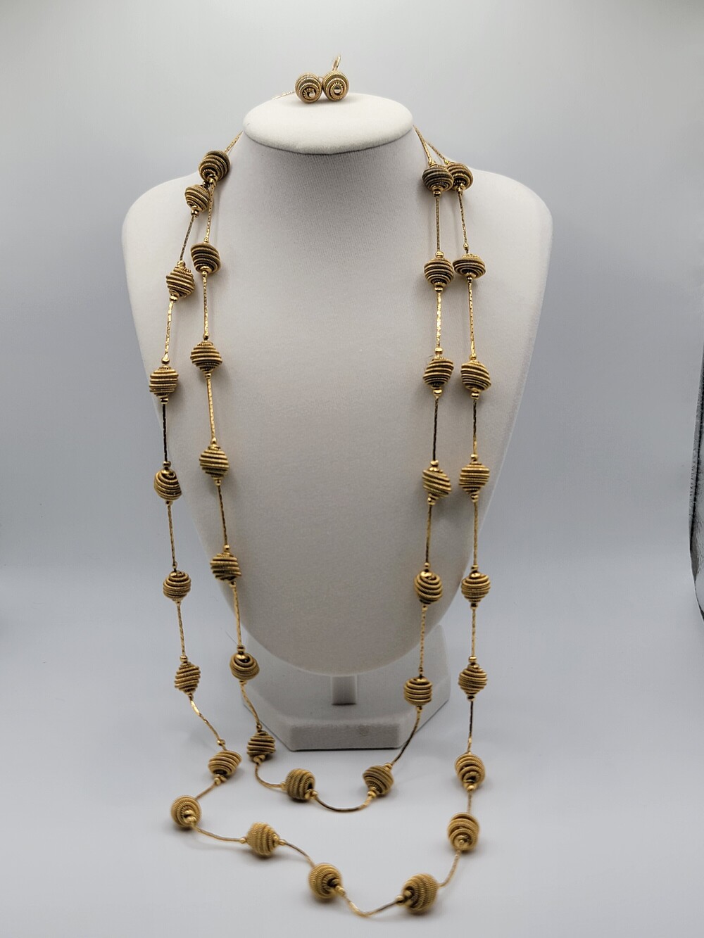 Vintage Trifari Gold Tone Spiral Bead Two Necklace Earrings Set